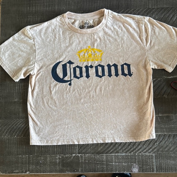 Corona Cream T-Shirt with Blue and Yellow Logo - Picture 1 of 4
